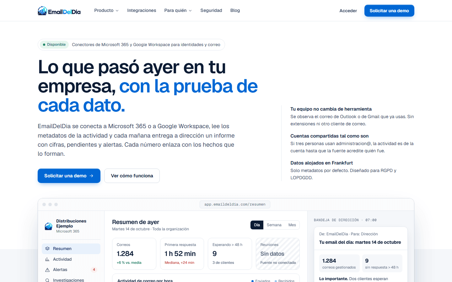 Captura de EmailDelDia: resumen de ayer con correos, primera respuesta y pendientes